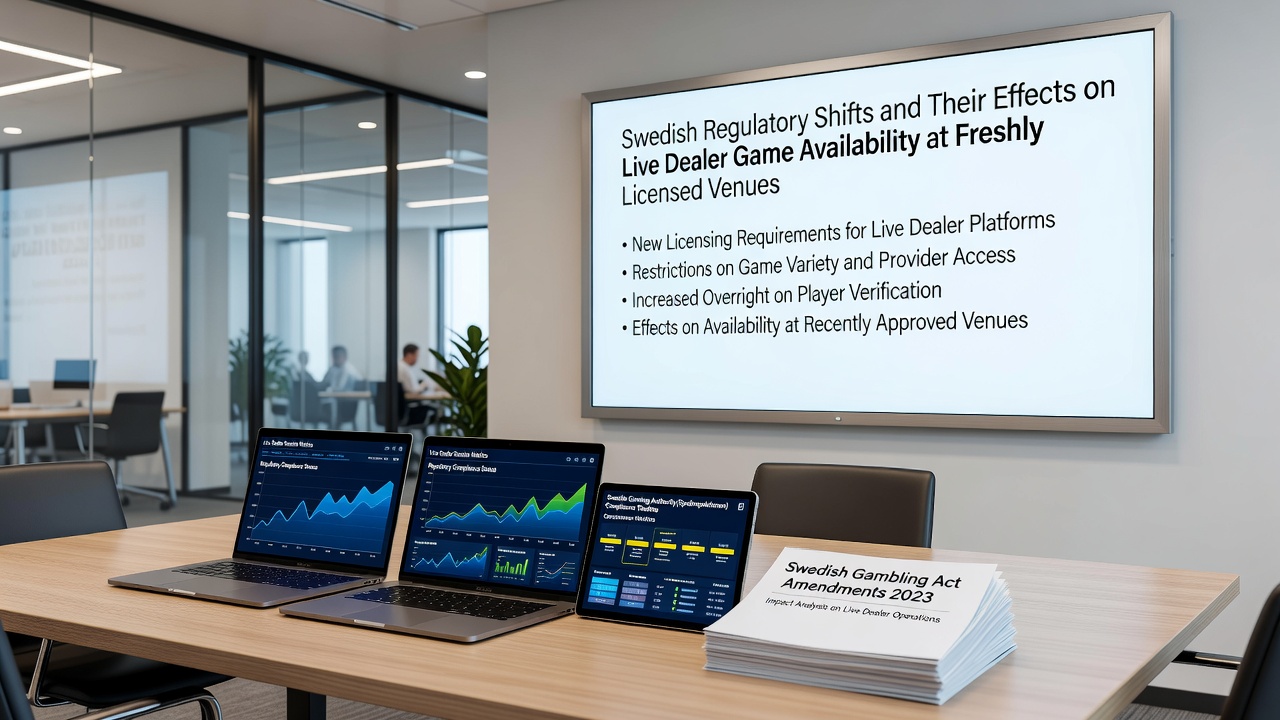 Live dealer gaming studio with multiple tables and Swedish regulatory compliance signage visible